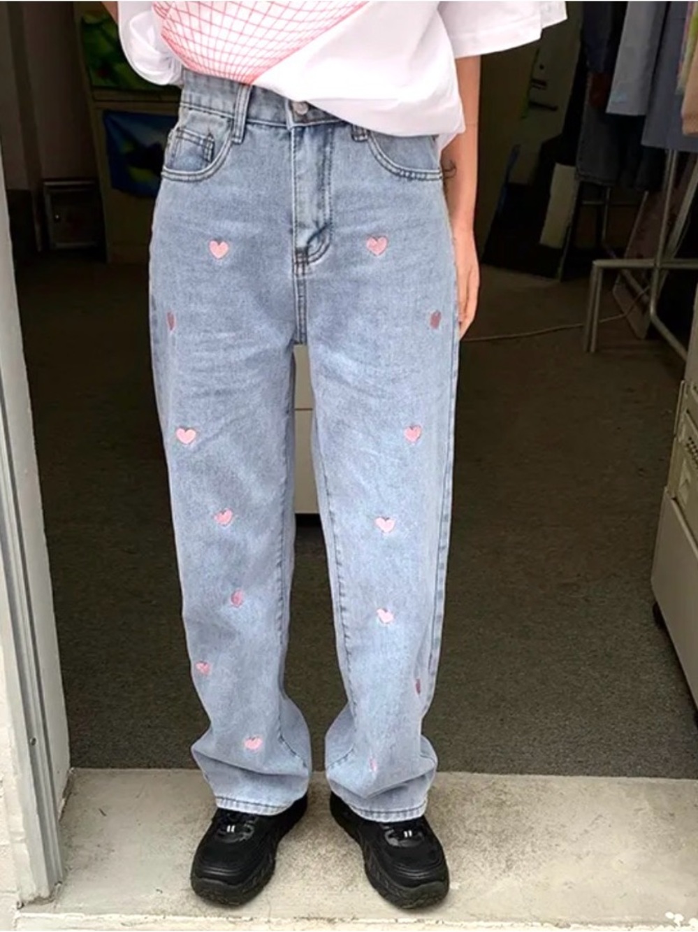Light Wash Denim Jeans with Pink Heart Embroidery